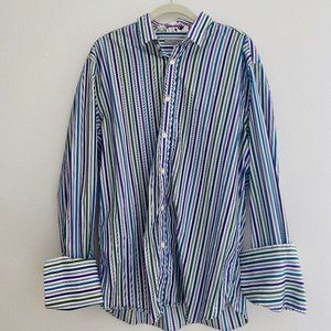 Ted Baker London Men's Button Down Striped Shirt, Floral Cuff, Size L